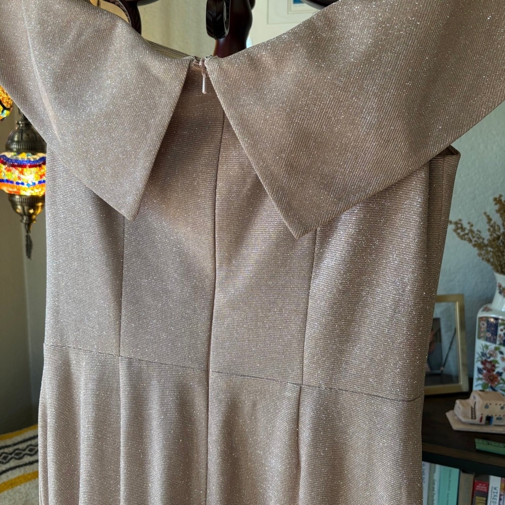 Betsy & Adam Shimmer Off Shoulder Evening Gown Champagne Formal Ruffle Dress - Picture 5 of 11